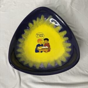 Handmade Ceramic Bowl Dish Display “His Name Is Jesus Novality Scene Blue/Yellow